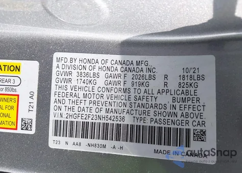 2022 Honda Civic Sedan Lx из США, поврежденный, VIN 2HGFE2F23NH542536